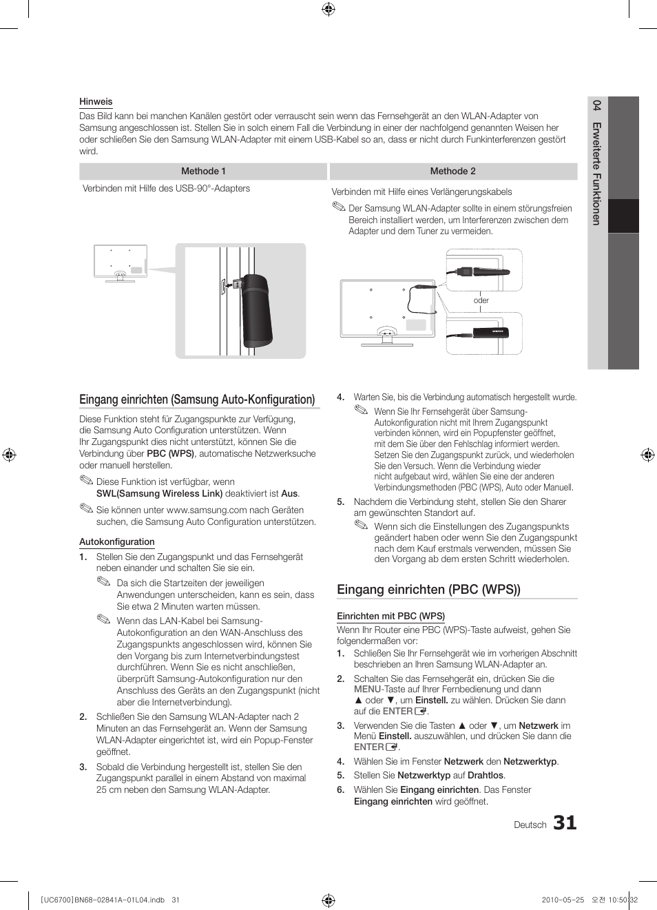 Eingang einrichten (samsung auto-konfiguration), Eingang einrichten (pbc (wps)) | Samsung UE37C6730US User Manual | Page 91 / 241