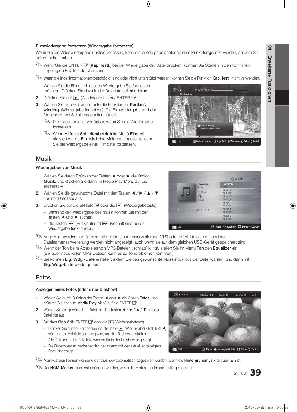 Musik, Fotos | Samsung UE37C6730US User Manual | Page 99 / 241
