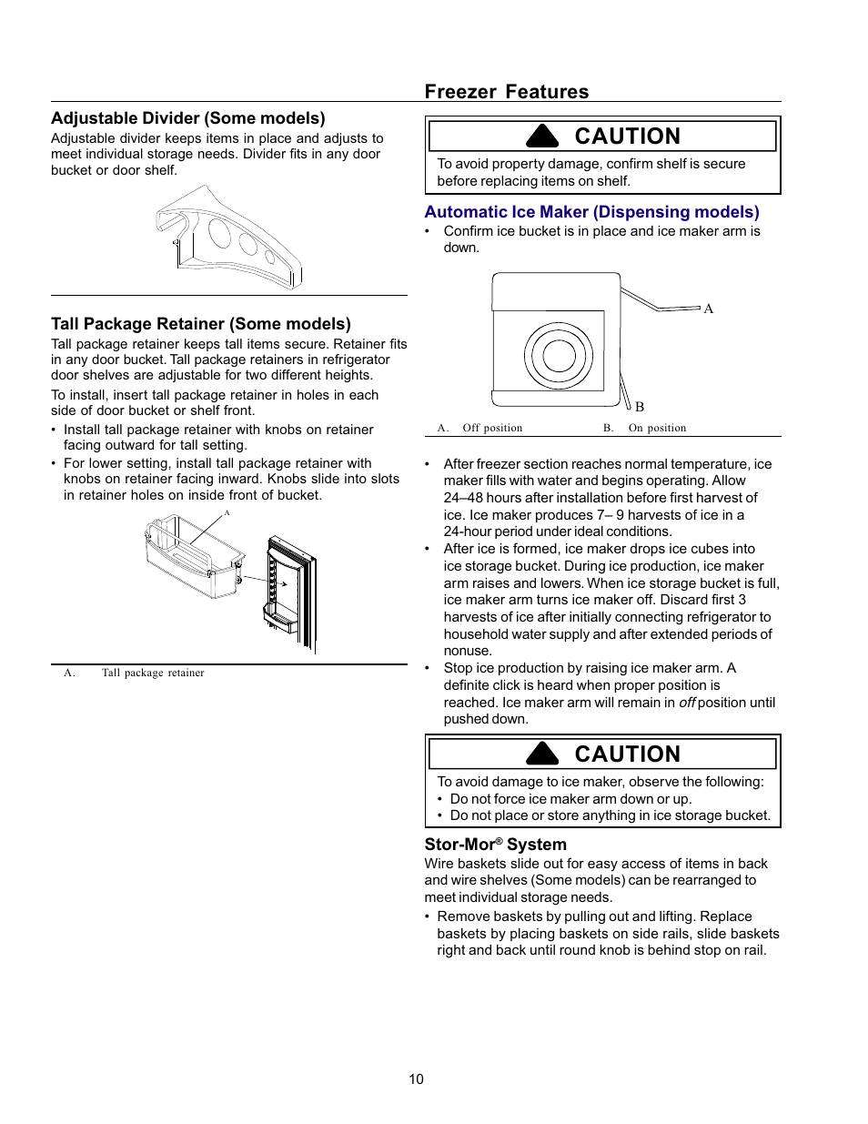 Caution, Freezer features | Amana Refrigerator User Manual | Page 10 / 56