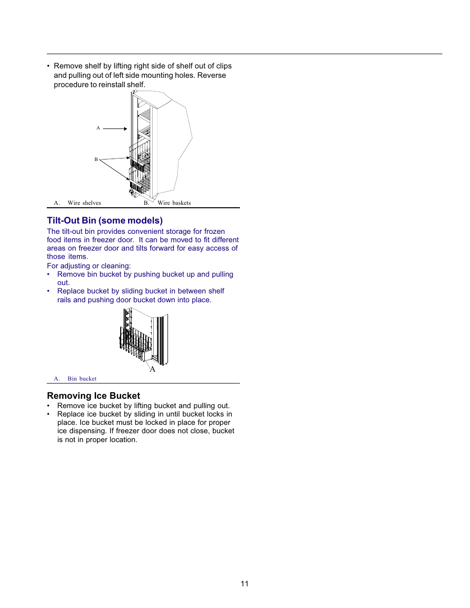 Tilt-out bin (some models), Removing ice bucket | Amana Refrigerator User Manual | Page 11 / 56