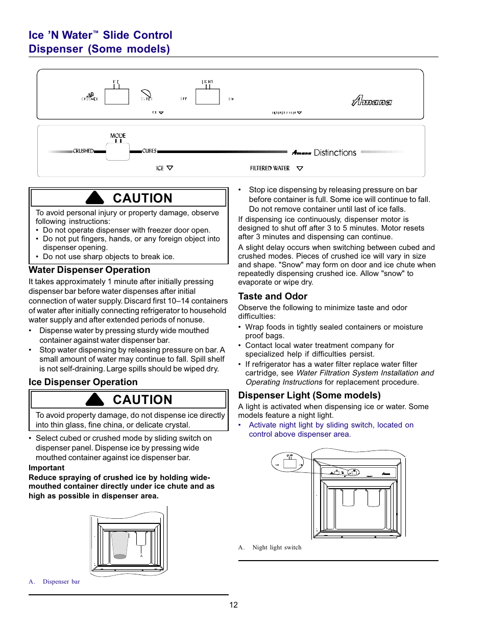 Caution, Ice ’n water, Slide control dispenser (some models) | Amana Refrigerator User Manual | Page 12 / 56