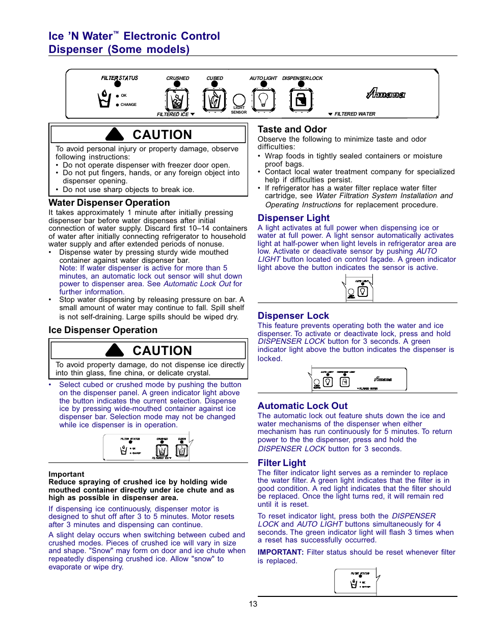 Caution, Ice ’n water, Electronic control dispenser (some models) | Amana Refrigerator User Manual | Page 13 / 56