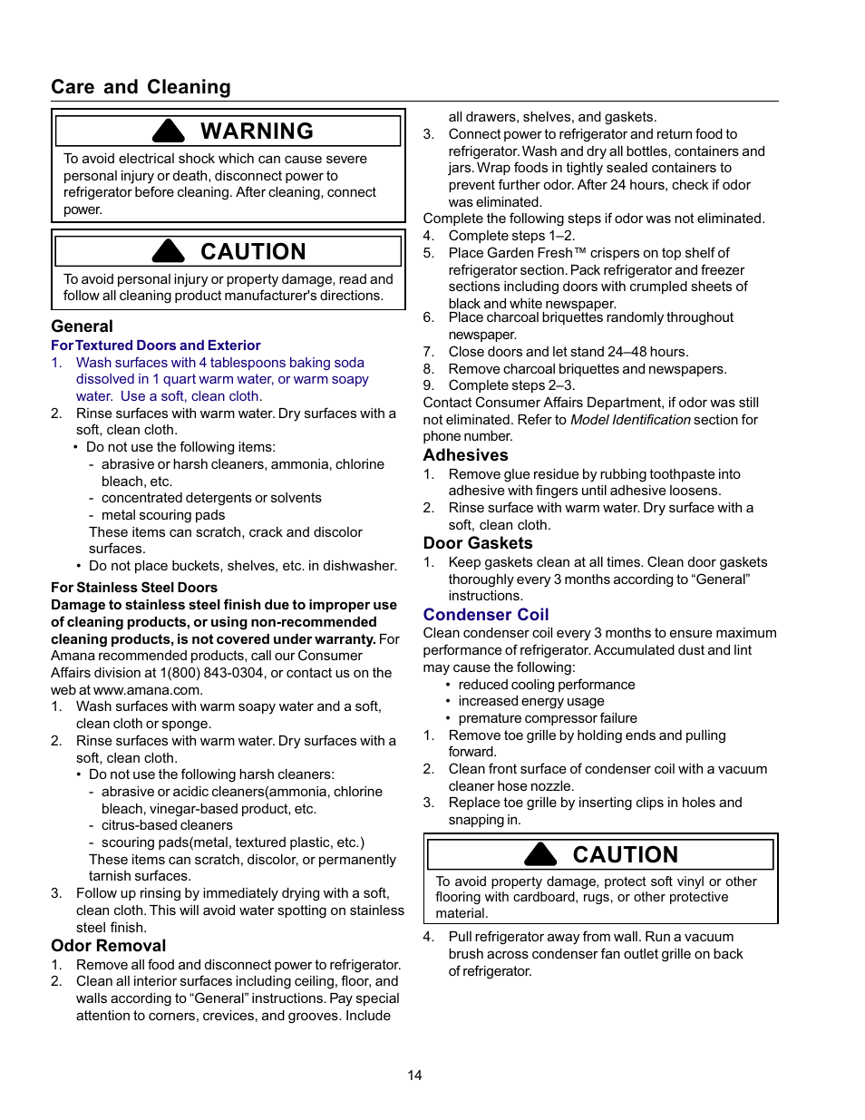 Caution, Warning, Care and cleaning | Amana Refrigerator User Manual | Page 14 / 56