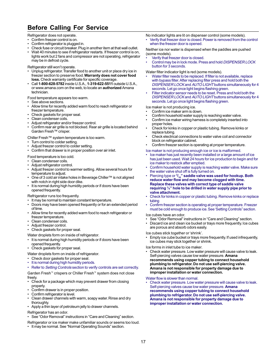 Before calling for service | Amana Refrigerator User Manual | Page 17 / 56