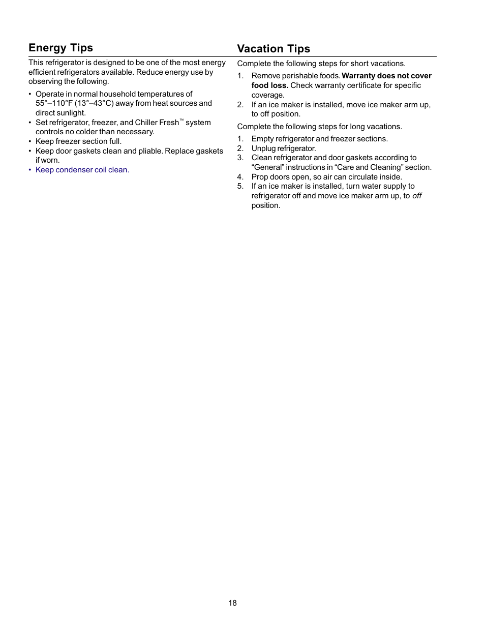 Energy tips, Vacation tips | Amana Refrigerator User Manual | Page 18 / 56