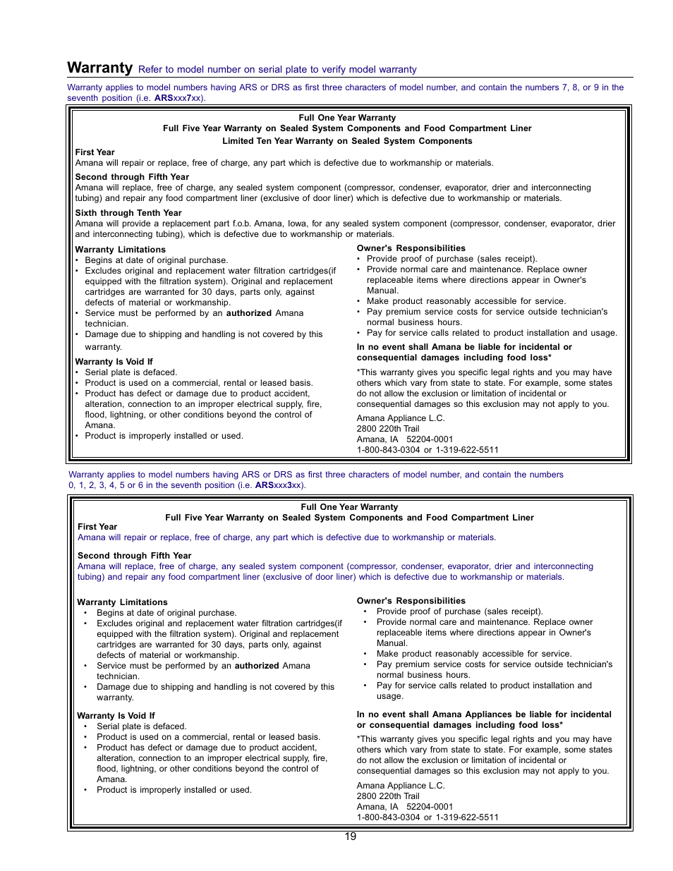 Warranty | Amana Refrigerator User Manual | Page 19 / 56
