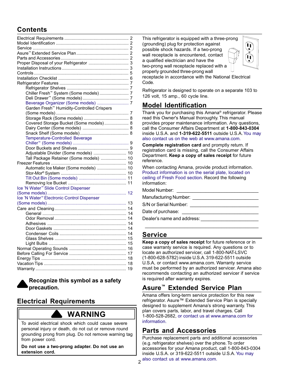Amana Refrigerator User Manual | Page 2 / 56