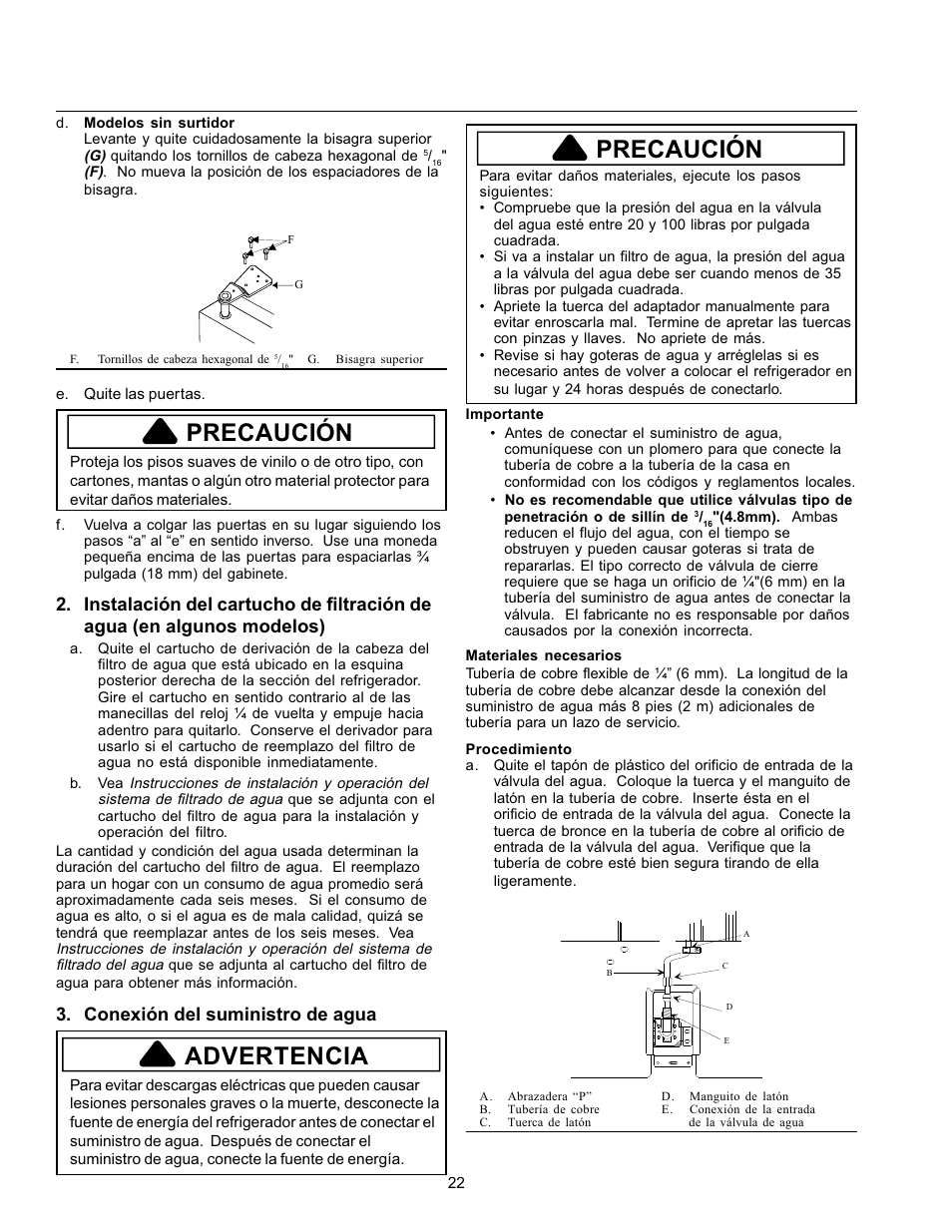Precaución, Advertencia, Conexión del suministro de agua | Amana Refrigerator User Manual | Page 22 / 56