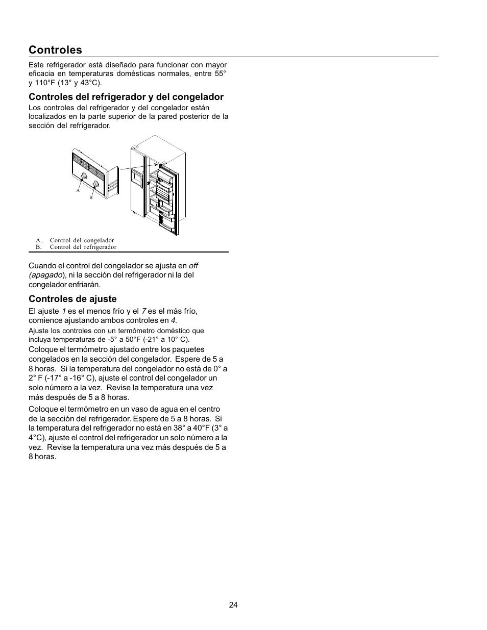 Controles, Controles del refrigerador y del congelador, Controles de ajuste | Amana Refrigerator User Manual | Page 24 / 56