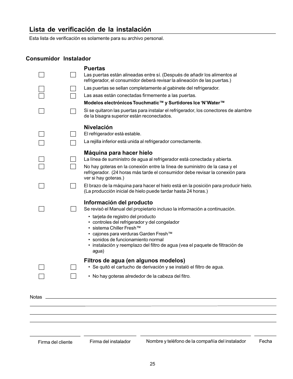 Lista de verificación de la instalación | Amana Refrigerator User Manual | Page 25 / 56