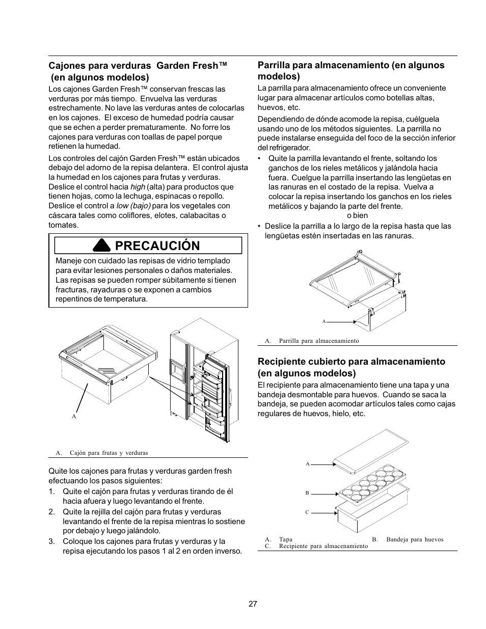 Precaución, Parrilla para almacenamiento (en algunos modelos) | Amana Refrigerator User Manual | Page 27 / 56