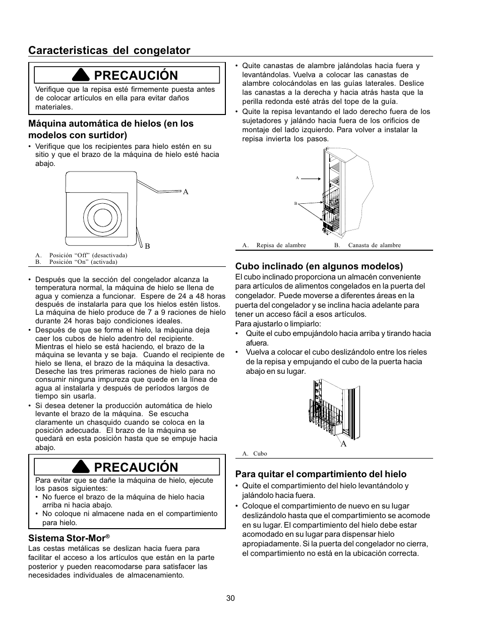 Precaución, Caracteristicas del congelator | Amana Refrigerator User Manual | Page 30 / 56