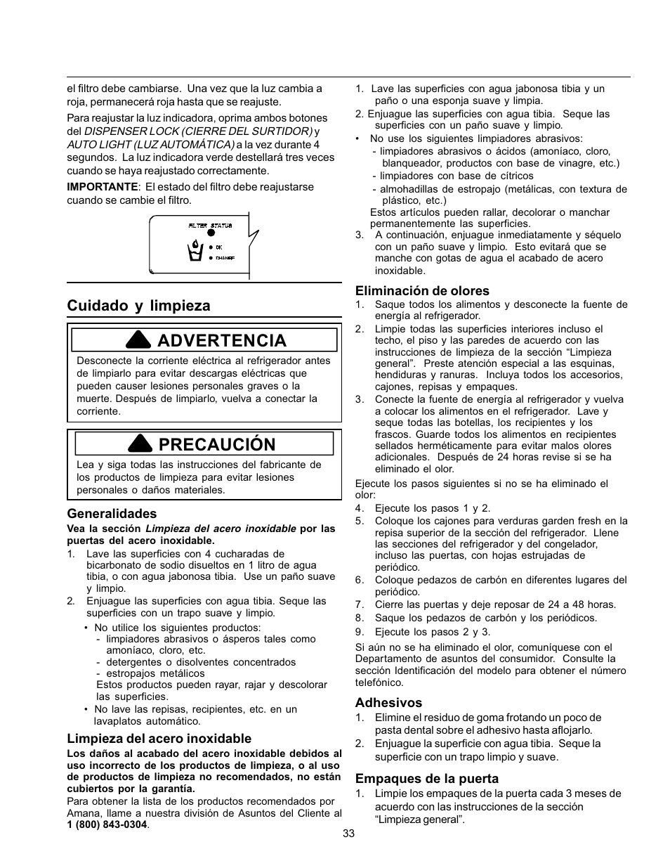 Advertencia, Precaución, Cuidado y limpieza | Amana Refrigerator User Manual | Page 33 / 56