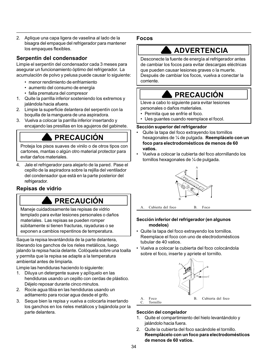 Precaución, Advertencia | Amana Refrigerator User Manual | Page 34 / 56