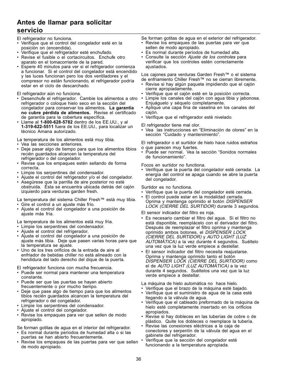 Antes de llamar para solicitar servicio | Amana Refrigerator User Manual | Page 36 / 56