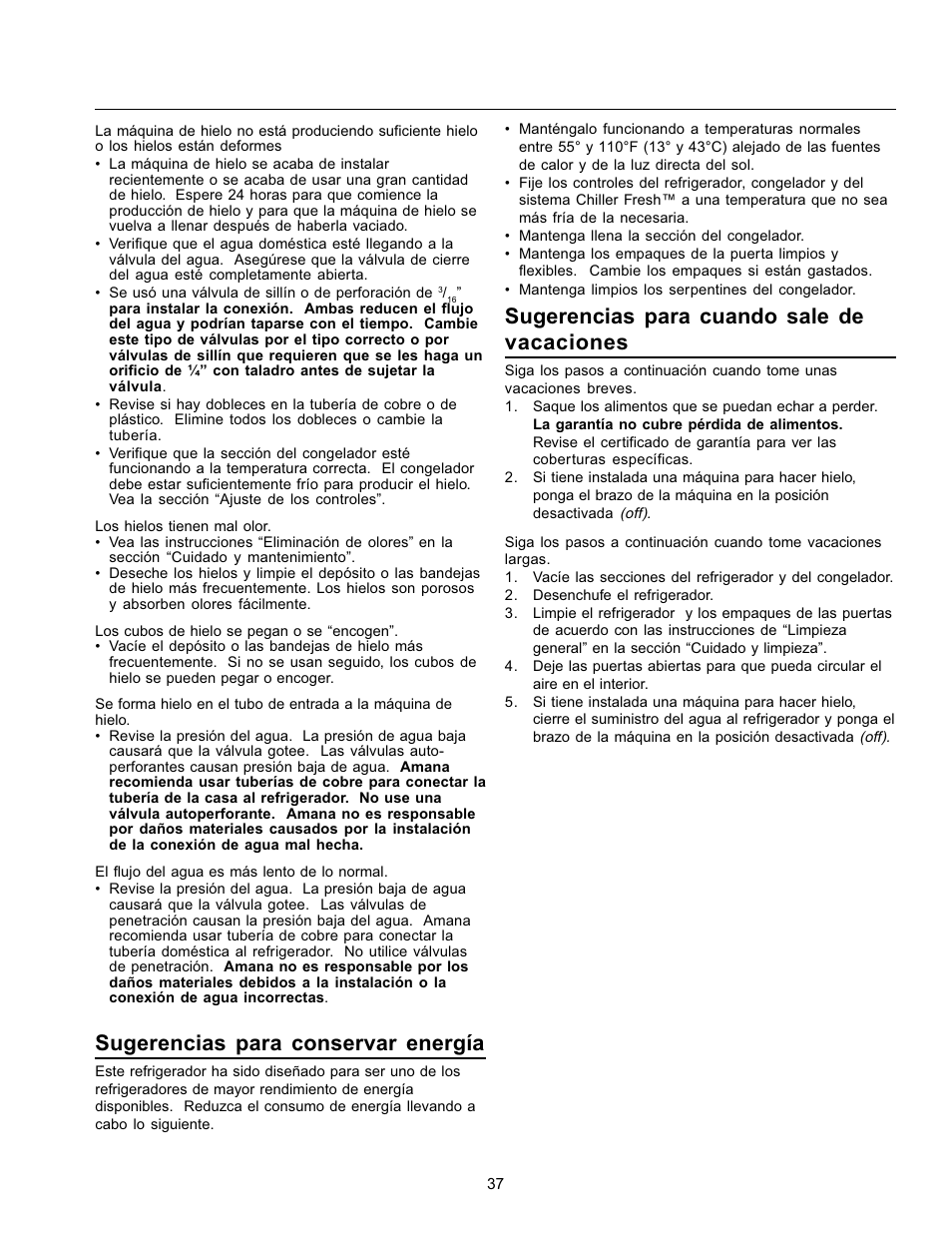 Sugerencias para conservar energía, Sugerencias para cuando sale de vacaciones | Amana Refrigerator User Manual | Page 37 / 56
