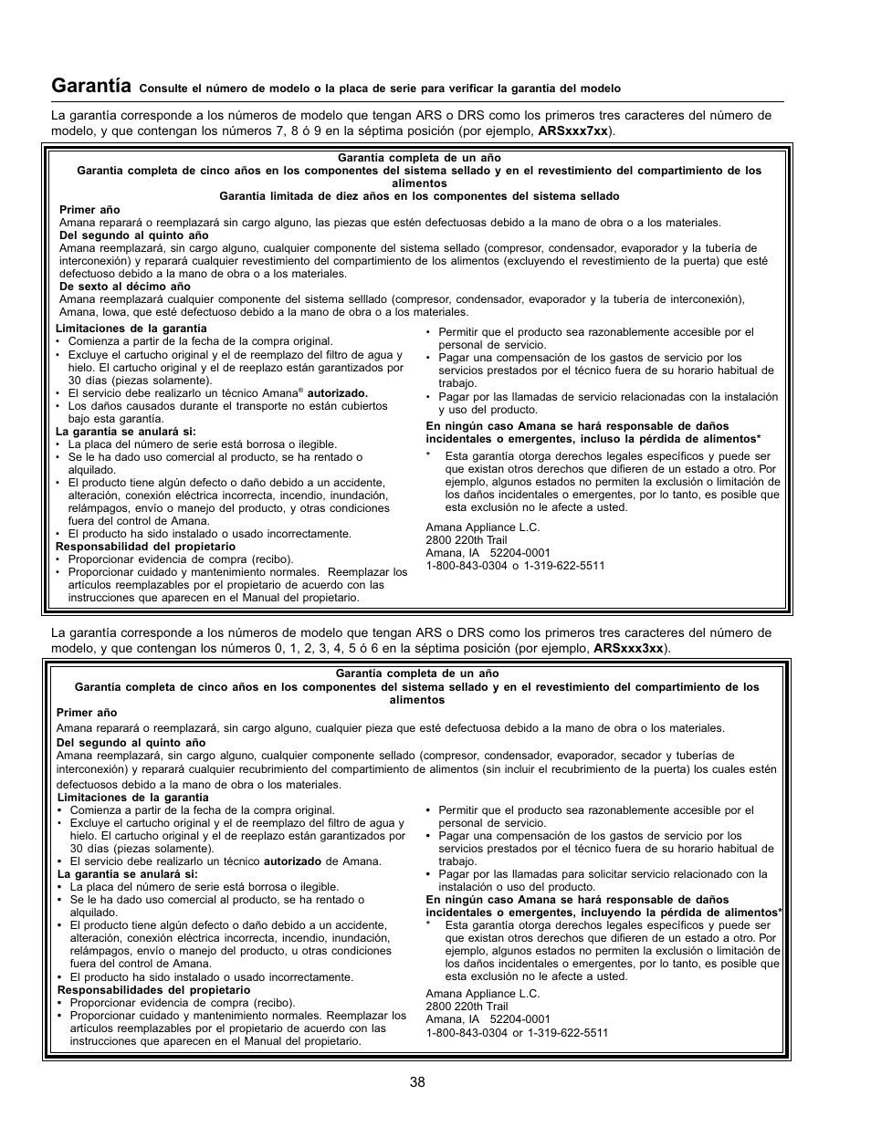 Garantía | Amana Refrigerator User Manual | Page 38 / 56