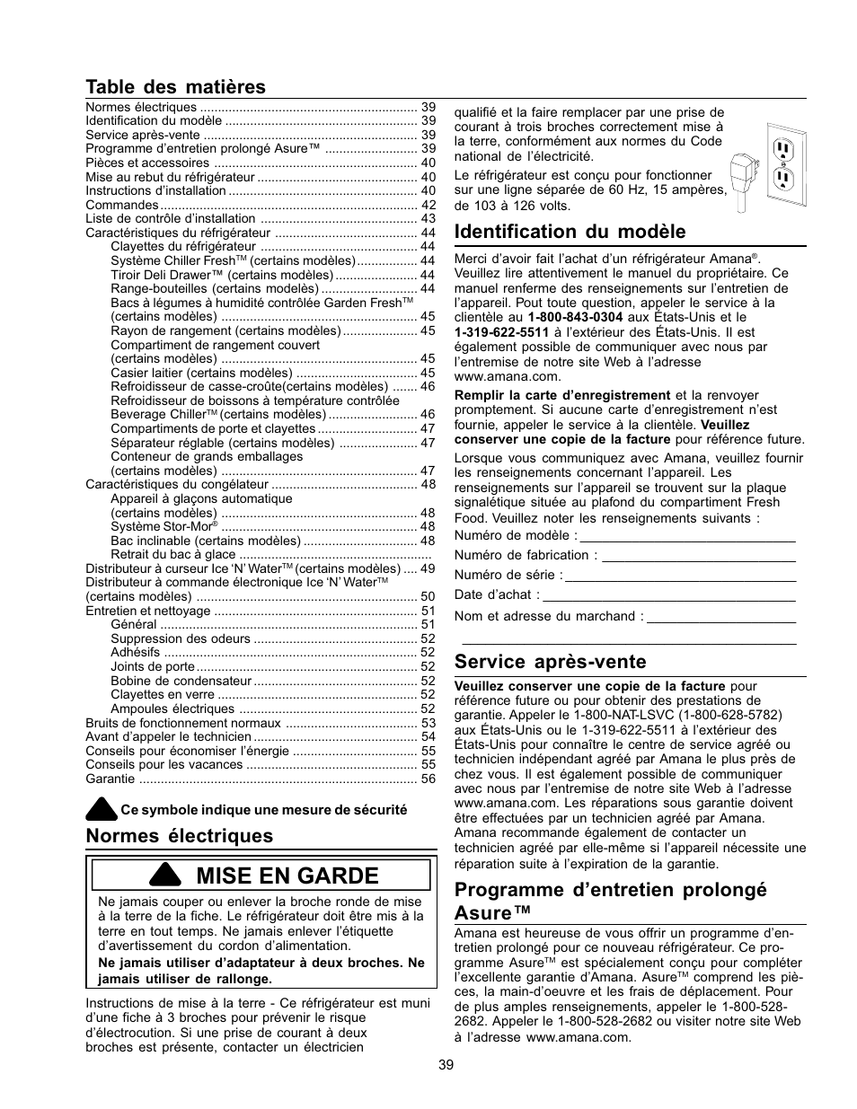 Amana Refrigerator User Manual | Page 39 / 56