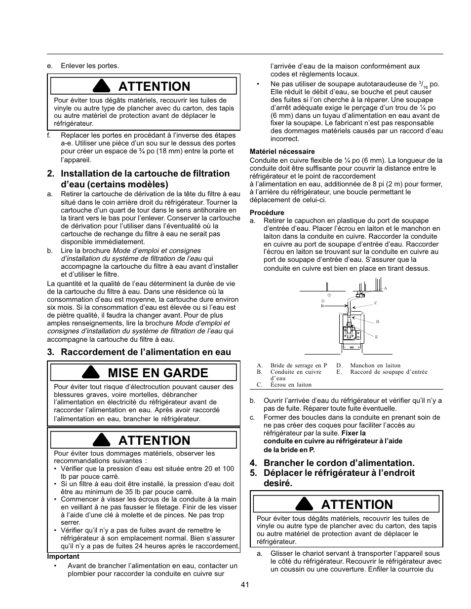 Attention, Mise en garde | Amana Refrigerator User Manual | Page 41 / 56