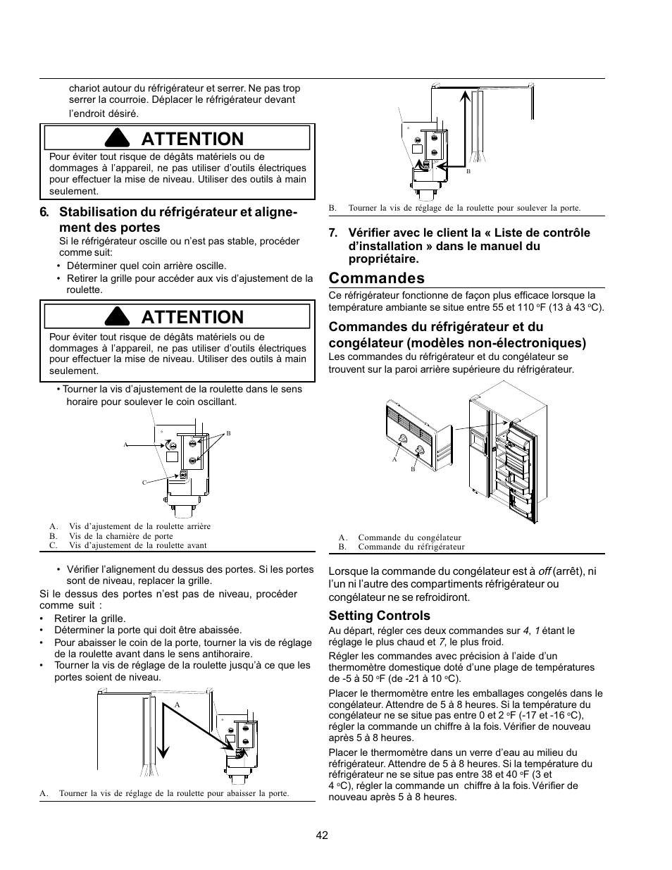 Attention, Commandes, Setting controls | Amana Refrigerator User Manual | Page 42 / 56