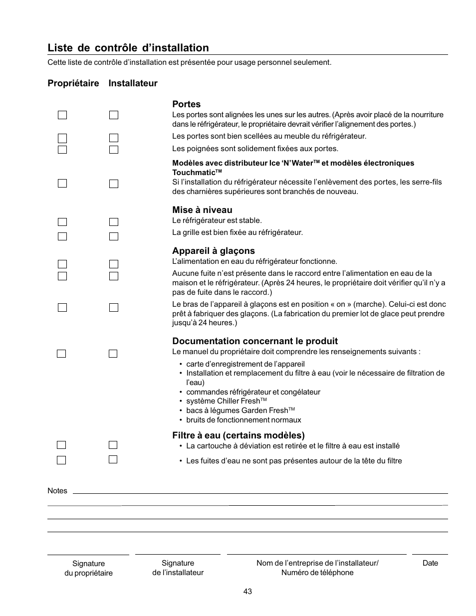 Liste de contrôle d’installation | Amana Refrigerator User Manual | Page 43 / 56