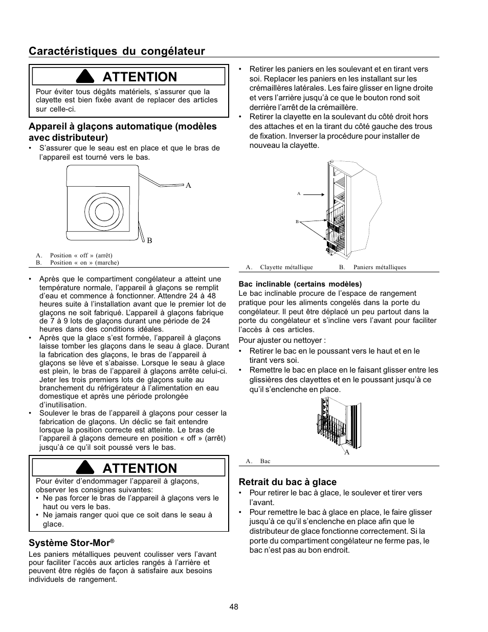 Attention, Caractéristiques du congélateur | Amana Refrigerator User Manual | Page 48 / 56