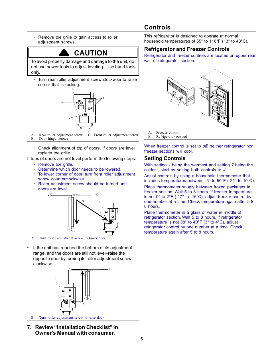 Caution, Controls, Refrigerator and freezer controls | Setting controls | Amana Refrigerator User Manual | Page 5 / 56