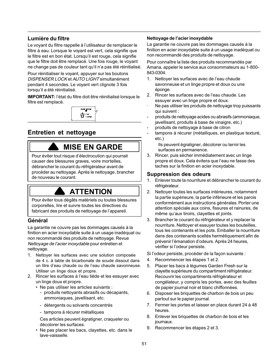 Mise en garde, Attention, Entretien et nettoyage | Amana Refrigerator User Manual | Page 51 / 56