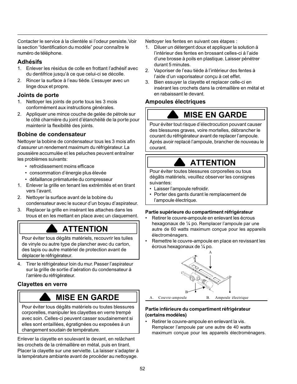 Attention, Mise en garde | Amana Refrigerator User Manual | Page 52 / 56
