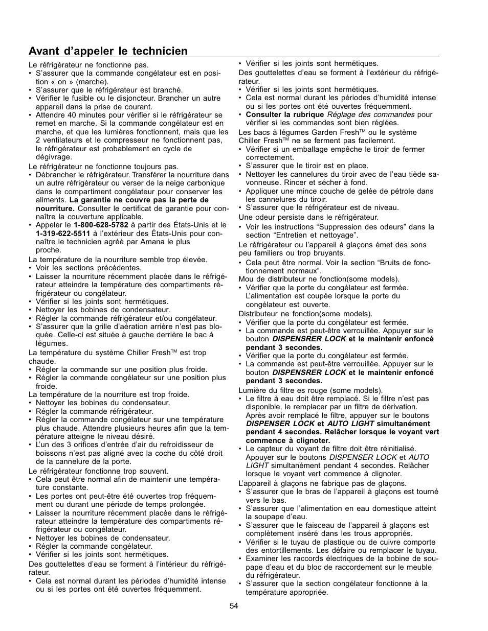 Avant d’appeler le technicien | Amana Refrigerator User Manual | Page 54 / 56