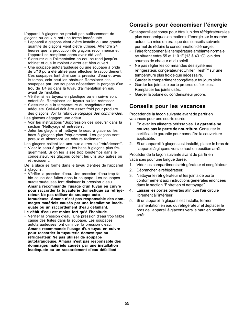 Conseils pour économiser l’énergie, Conseils pour les vacances | Amana Refrigerator User Manual | Page 55 / 56