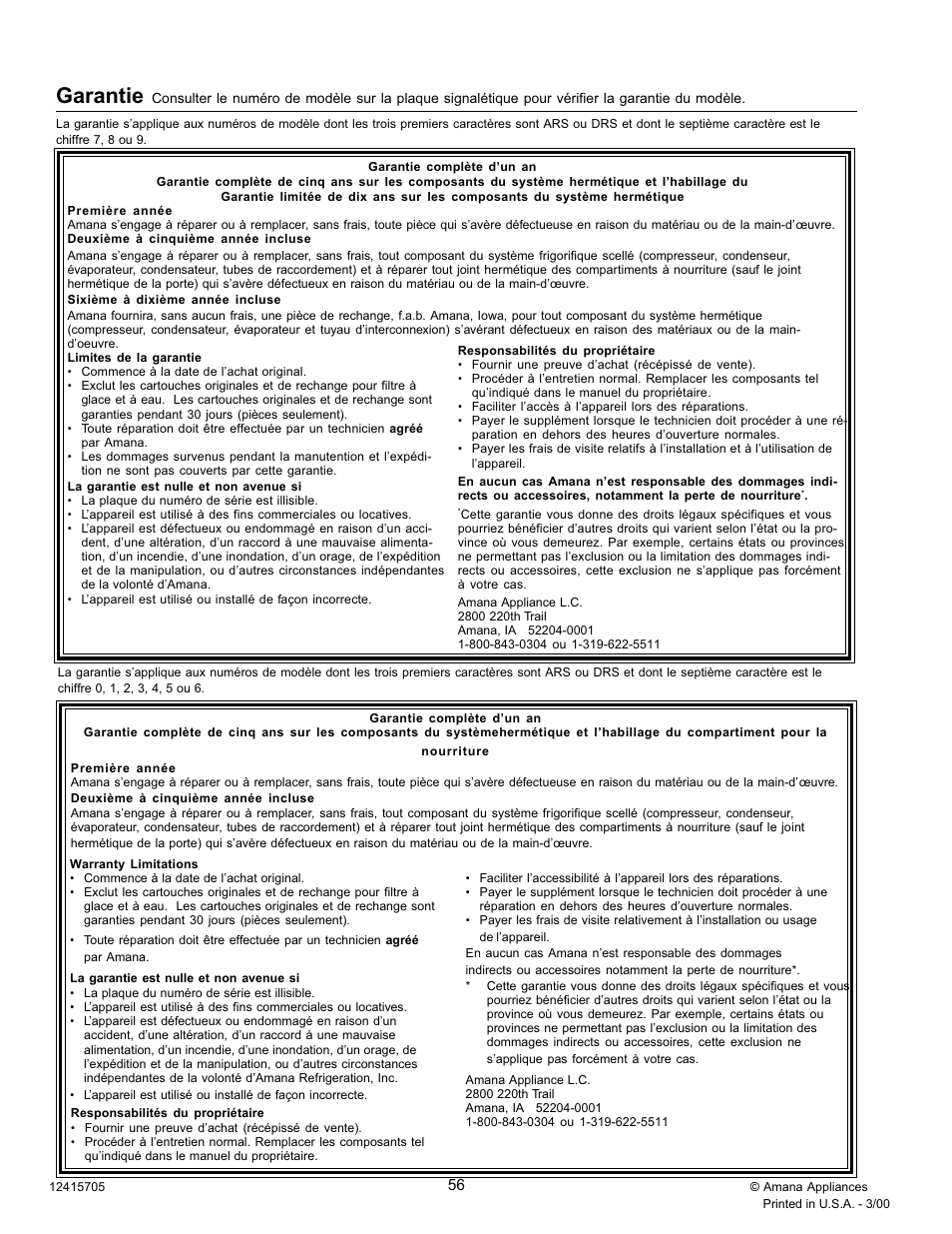 Garantie | Amana Refrigerator User Manual | Page 56 / 56