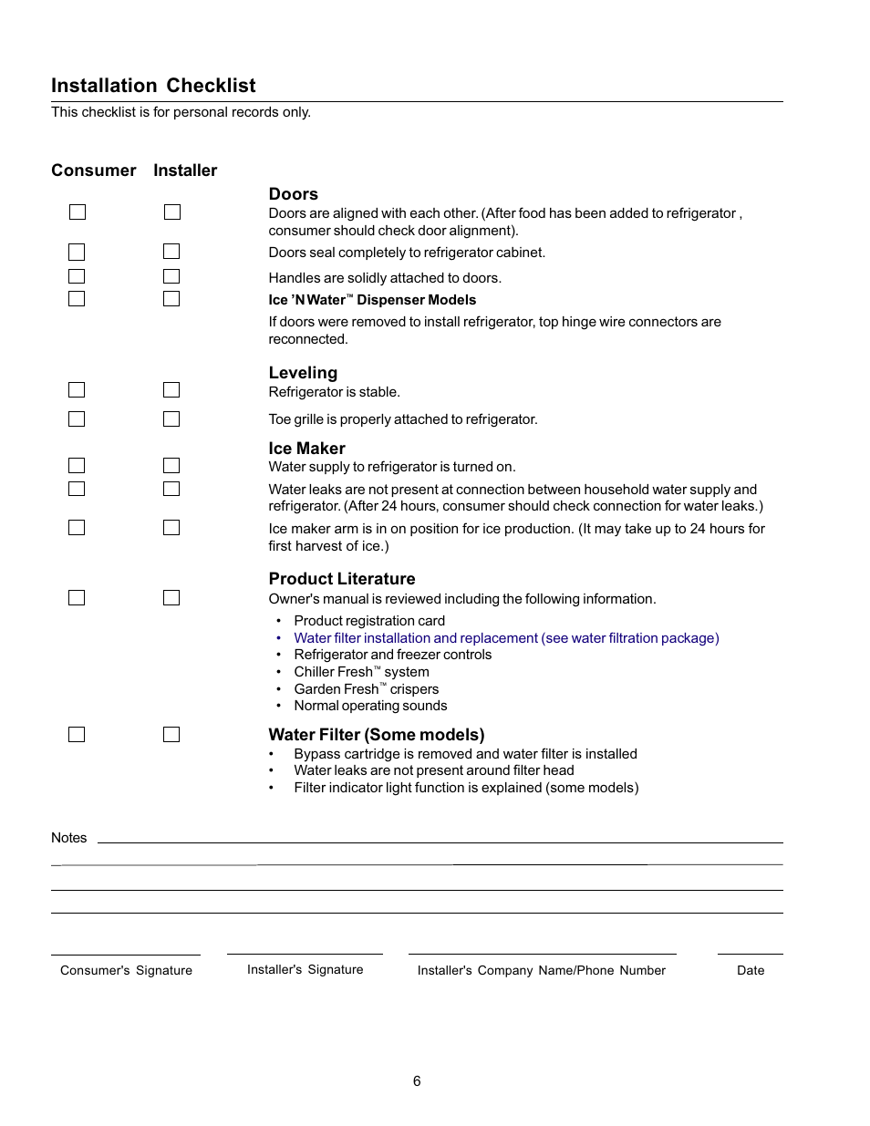 Installation checklist | Amana Refrigerator User Manual | Page 6 / 56