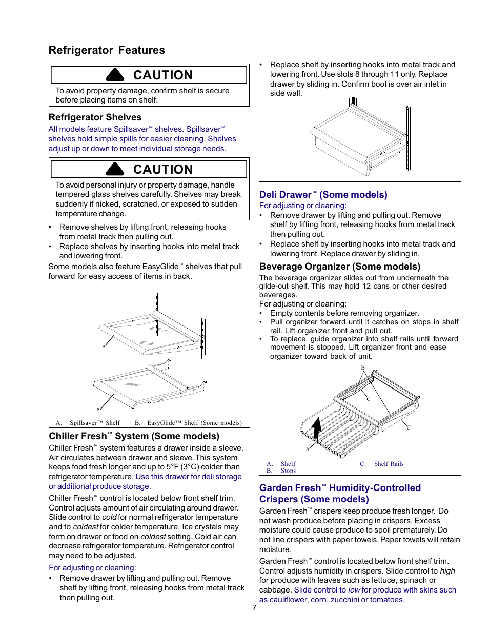 Caution, Refrigerator features, Refrigerator shelves | Chiller fresh, System (some models), Deli drawer, Some models), Beverage organizer (some models), Garden fresh, Humidity-controlled crispers (some models) | Amana Refrigerator User Manual | Page 7 / 56