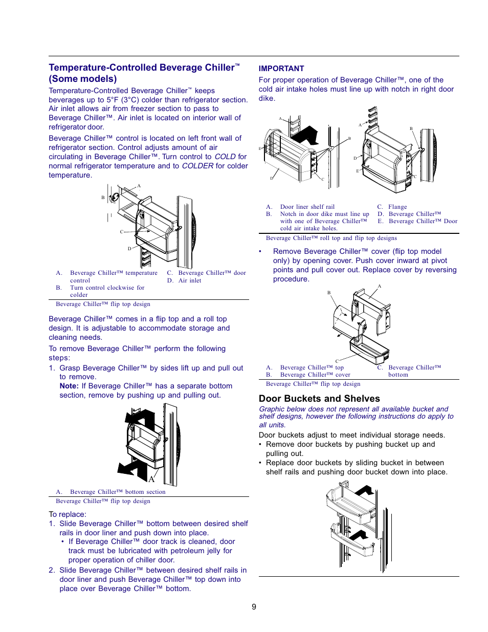 Temperature-controlled beverage chiller, Some models), Door buckets and shelves | Amana Refrigerator User Manual | Page 9 / 56
