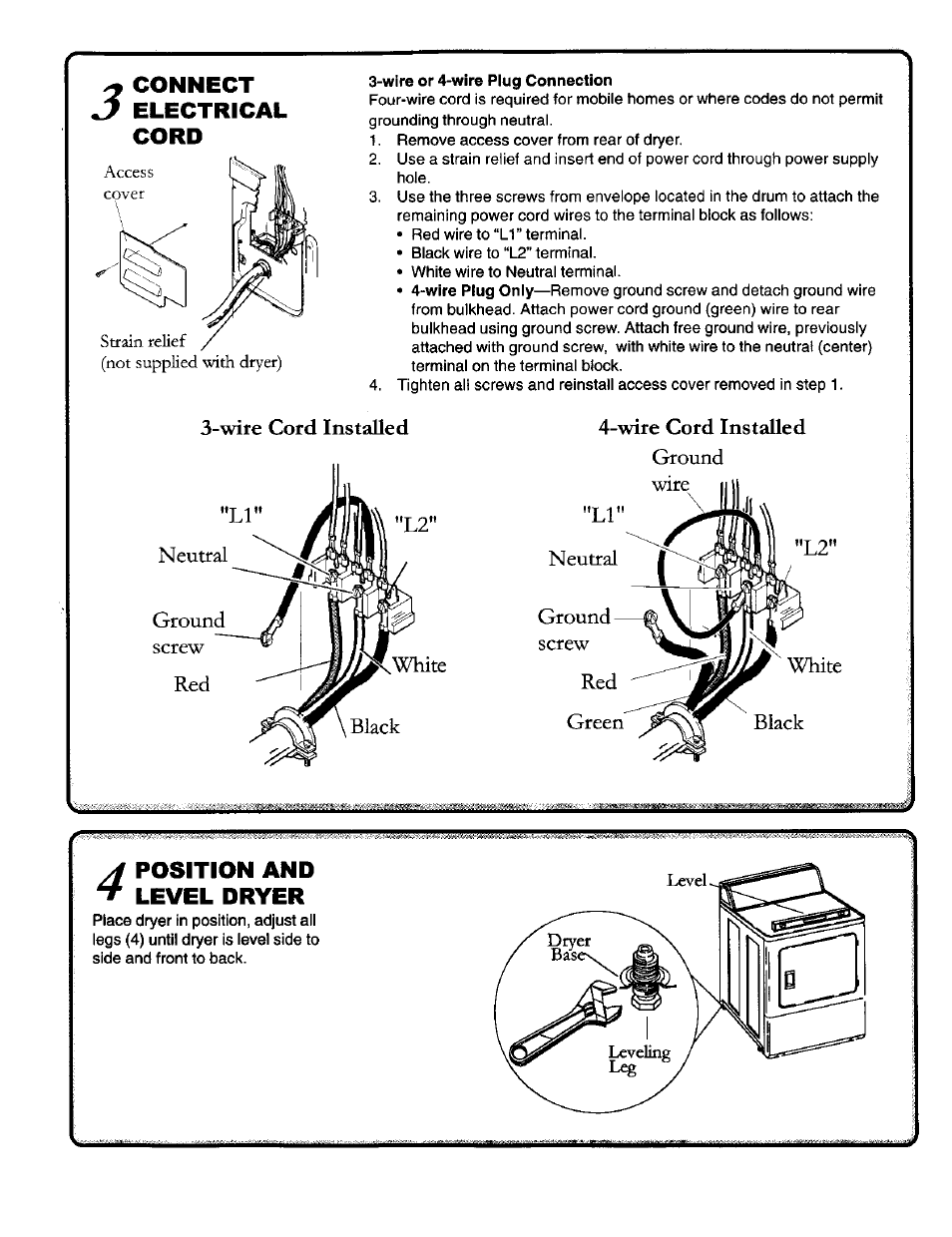 Wire or 4-wire piug connection, Connect electrical cord, Position and level dryer | Amana 40086101 User Manual | Page 3 / 6