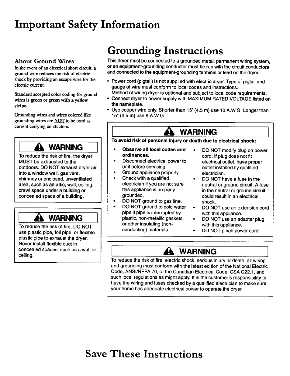 Important safety information, A warning, Grounding instructions | Observe all local codes and ordinances, Save these instructions, Warning | Amana 40086101 User Manual | Page 4 / 6