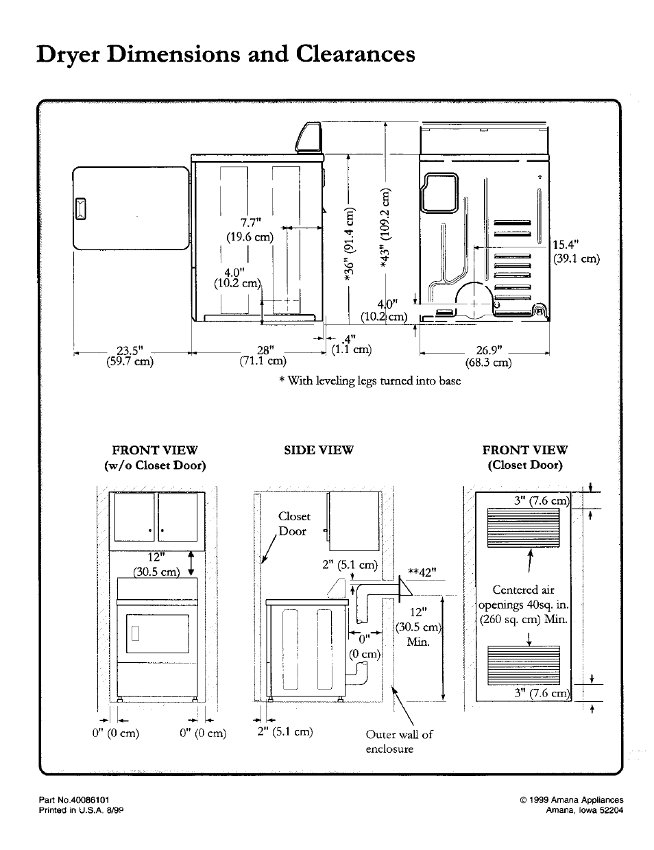 Dryer dimensions and clearances | Amana 40086101 User Manual | Page 6 / 6