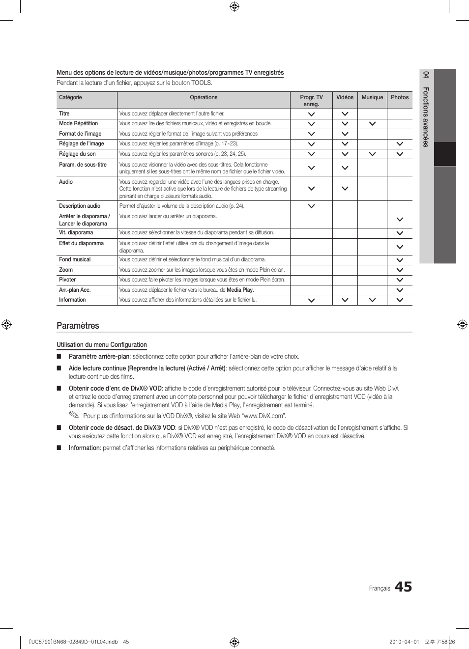 Paramètres | Samsung UE46C8790XZ User Manual | Page 109 / 258