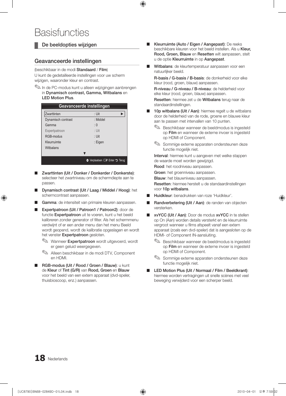 Basisfuncties, Geavanceerde instellingen | Samsung UE46C8790XZ User Manual | Page 210 / 258