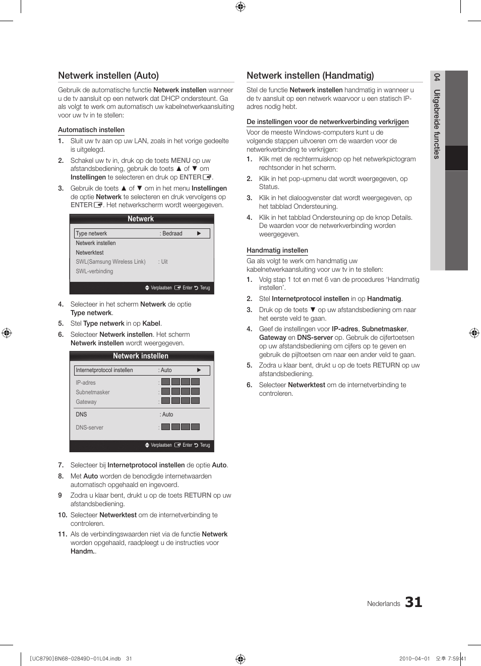 Netwerk instellen (auto), Netwerk instellen (handmatig) | Samsung UE46C8790XZ User Manual | Page 223 / 258