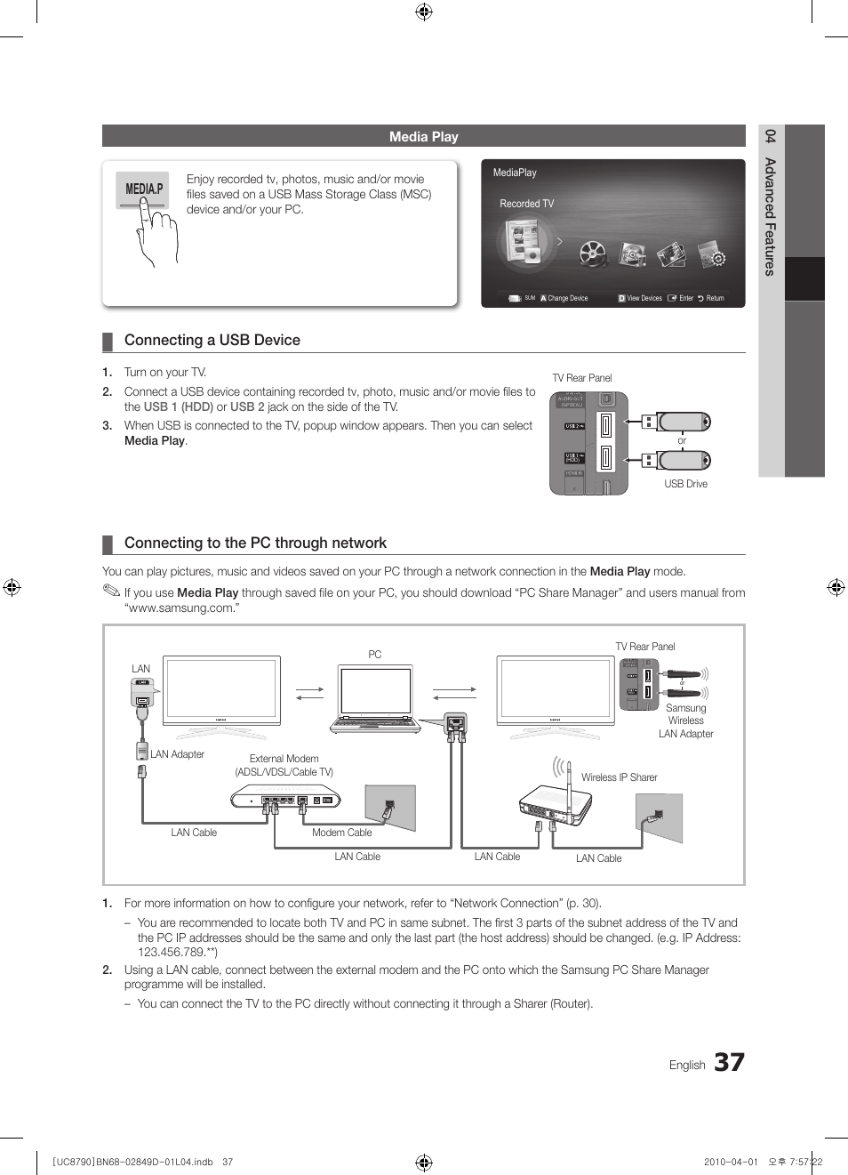 Connecting a usb device, Connecting to the pc through network | Samsung UE46C8790XZ User Manual | Page 37 / 258