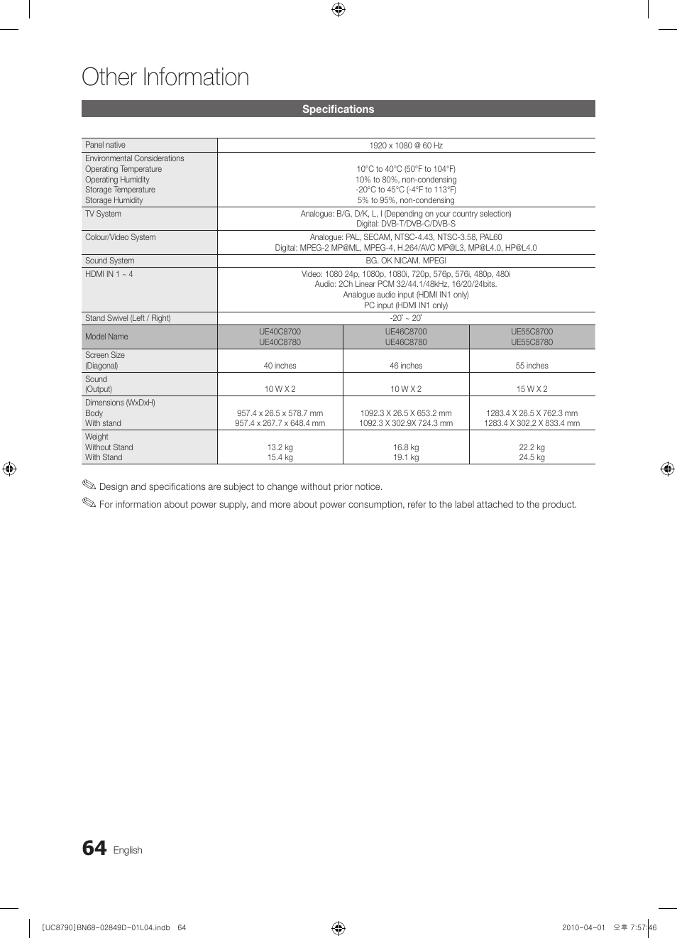 Other information | Samsung UE46C8790XZ User Manual | Page 64 / 258