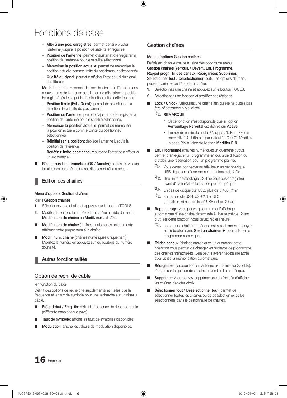 Fonctions de base, Option de rech. de câble, Gestion chaînes | Samsung UE46C8790XZ User Manual | Page 80 / 258