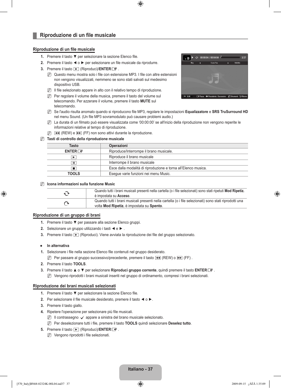 Riproduzione di un file musicale | Samsung LE46B579A5S User Manual | Page 103 / 221