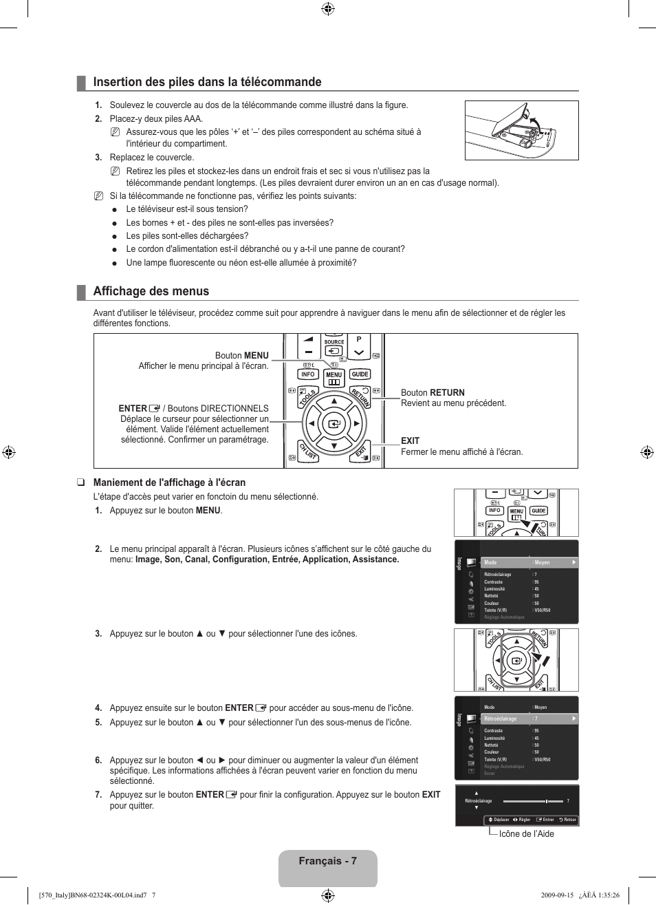 Insertion des piles dans la télécommande, Affichage des menus, Français | Maniement de l'affichage à l'écran | Samsung LE46B579A5S User Manual | Page 125 / 221