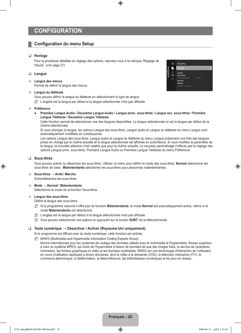 Configuration, Configuration du menu setup | Samsung LE46B579A5S User Manual | Page 143 / 221