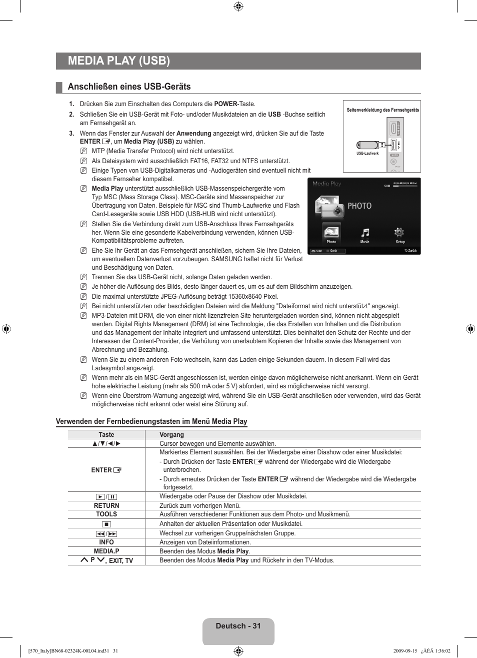 Media play (usb), Anschließen eines usb-geräts, Photo | Samsung LE46B579A5S User Manual | Page 201 / 221