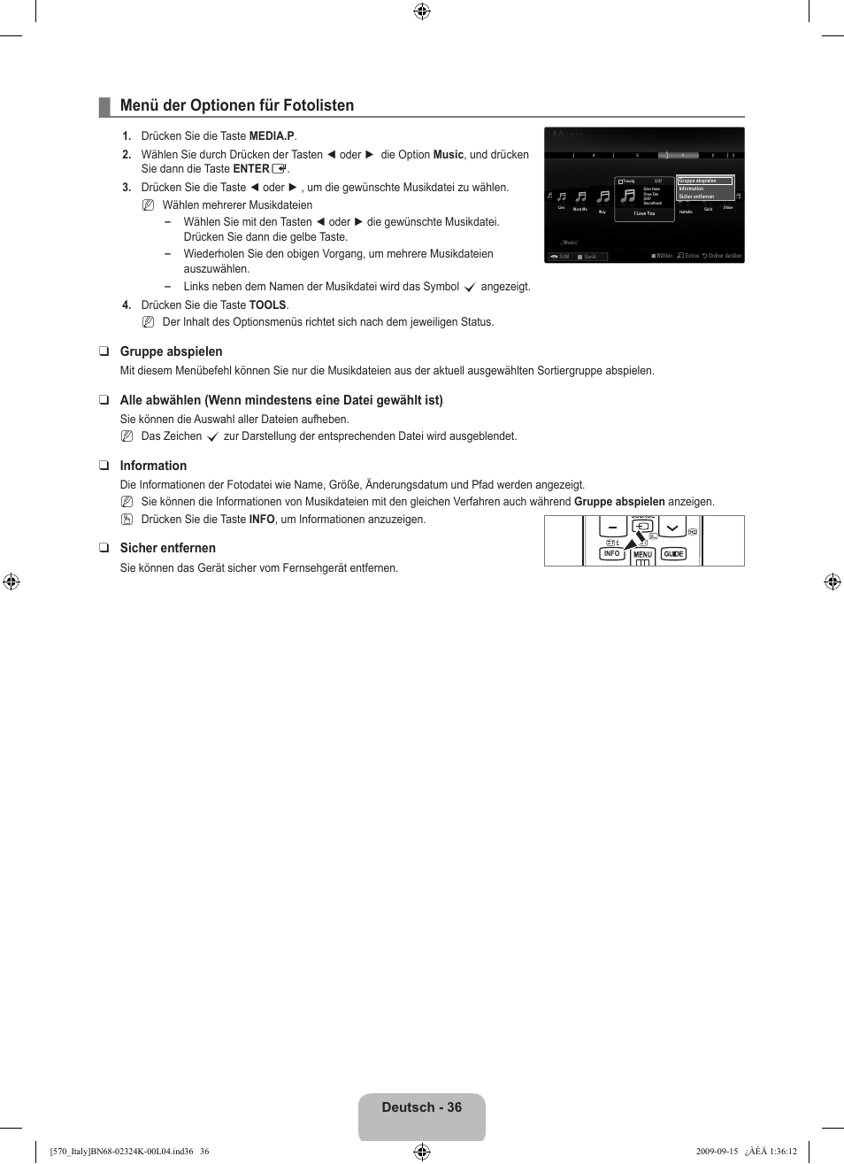 Menü der optionen für fotolisten, Deutsch - 36, Gruppe abspielen | Information, Sicher entfernen | Samsung LE46B579A5S User Manual | Page 206 / 221