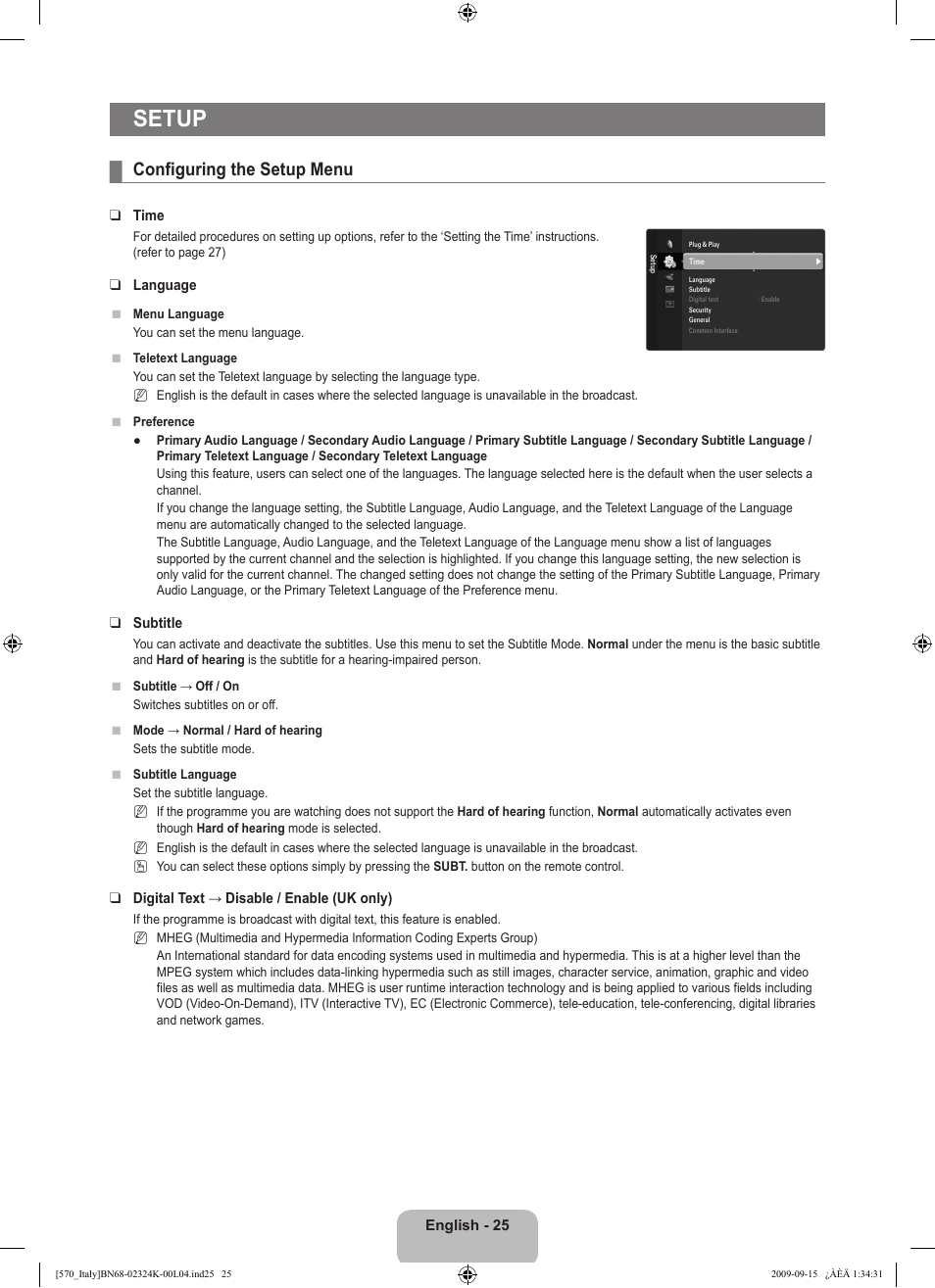 Setup, Configuring the setup menu | Samsung LE46B579A5S User Manual | Page 27 / 221